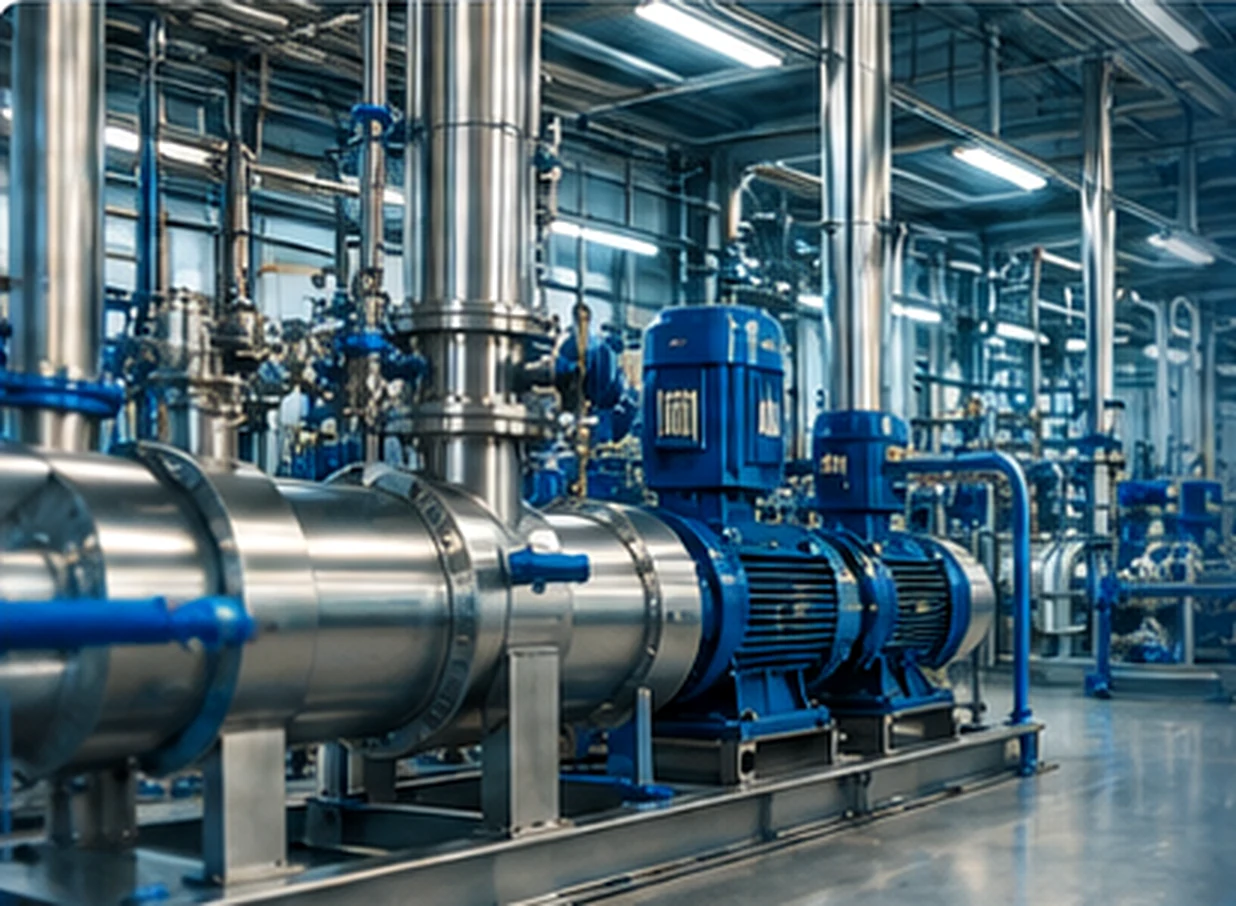 Installation industrielle avec pompes, moteurs et tuyauteries techniques